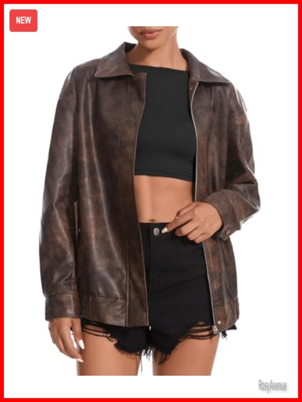 Faux Leather Oversized Moto Jacket Zip-Up Coat